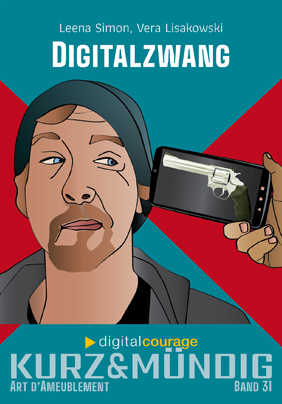 Auf der Titelseite der kurz&mündig-Ausgabe ist das Gesicht eines Mannes zu sehen, der von einer Pistole auf einem Smartphone-Screen bedroht wird. Das Smartphone ist wie eine Waffe auf den Mann gerichtet. Der Mann verzieht skeptisch sein Gesicht.