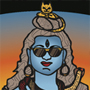 Die digital gezeichnete Illustration zeigt Shiva mit den traditionellen Symbolen aber auch mit Sonnenbrille und Viktory-Geste über dem Schriftzug Varanasi – Endstation Ganges. Das darunter angedeutete Flusswasser wirkt giftig, dunkel, mysteriös.